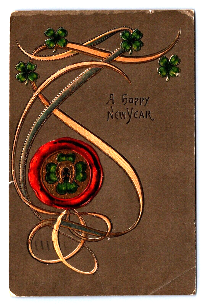 Postcard Vtg New Year's Holiday Celebration  Shamrock Good Luck Horseshoe-image