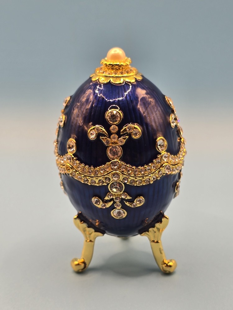 Blue Jeweled Egg Trinket Box Gold Tone Rhinestones Pearl Top