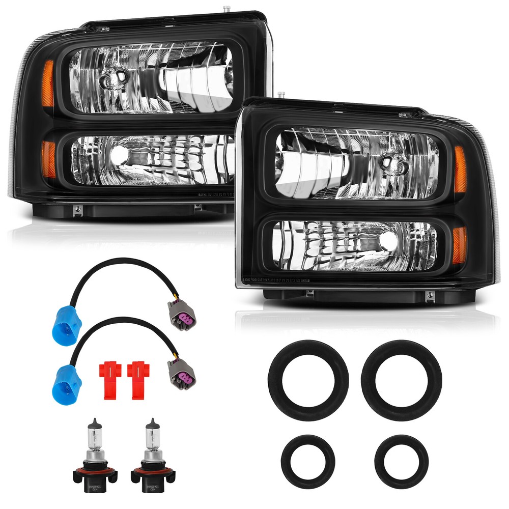 2PCS Headlights For 2005-2007 Ford F250 F350 F450 F550 Super Duty Black LH+RH