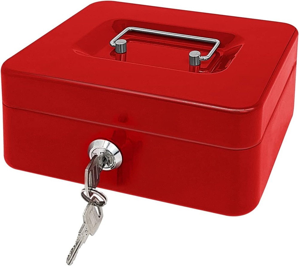 Steel Cash Box with Key Lock, Metal Small Money Organizer Red - 8 inch