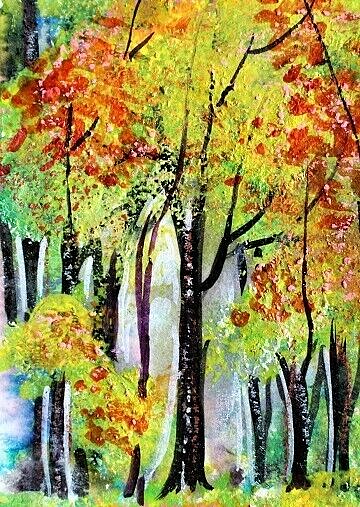 ACEO Original Painting TREE Autumn Landscape Sun FALL Leaves Nature ATC ART