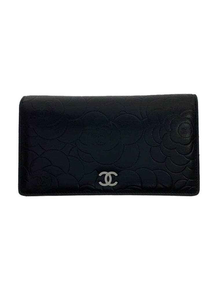 CHANEL Black Camellia Embossed CC Silver Bifold Long Wallet Pre-Loved