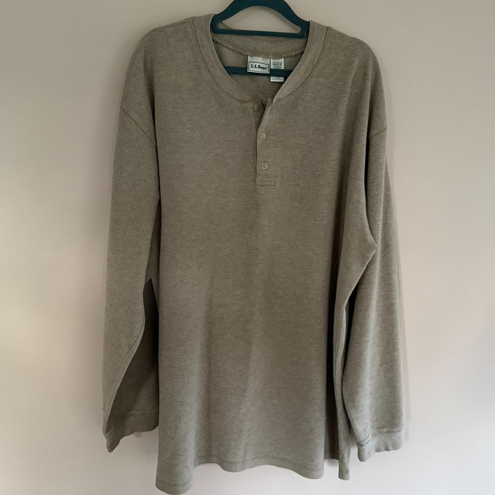 LL Bean Knit Henley Long Sleeve Shirt Sweater Tan Khaki Pullover Men's Size XL