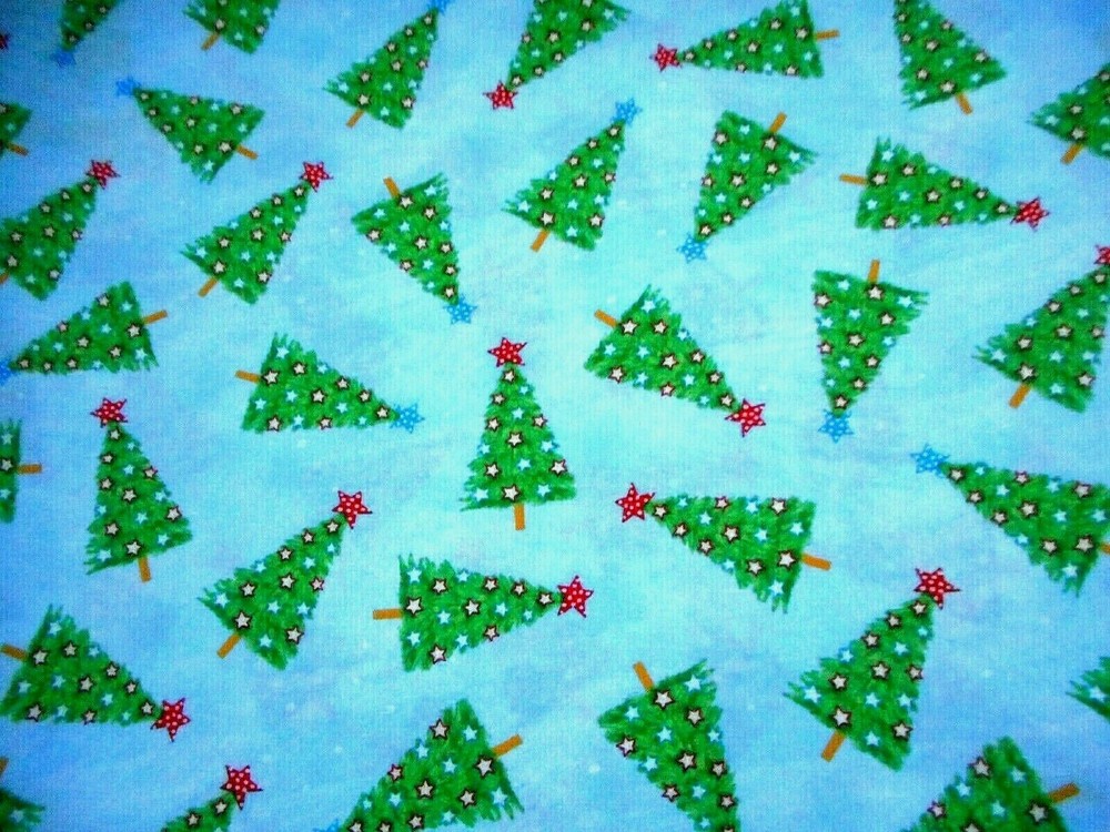 Christmas Fabric By Yard Decorated Xmas Trees Stars Blue Quilting Cotton #53 #C