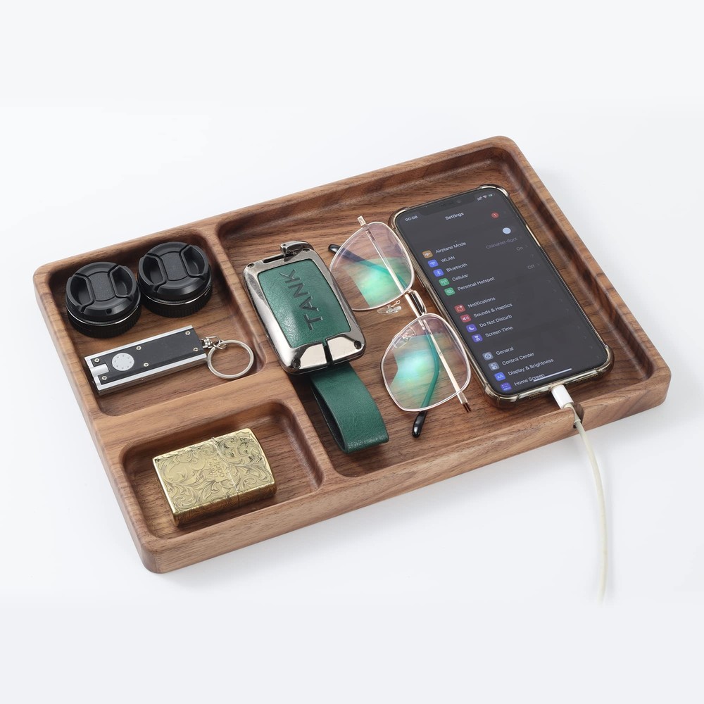 Walnut Wood Valet Tray – Nightstand Organizer for Men and Women