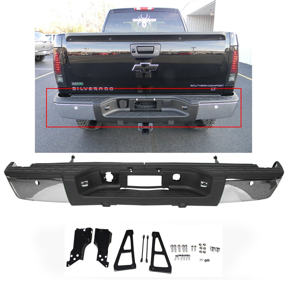 Chrome Rear Bumper for 07-13 Chevy Silverado GMC Sierra 1500 w/Park Aid Sensors