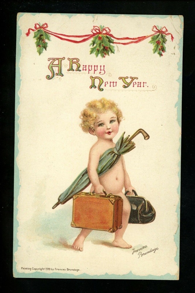 Brundage Signed New Years Greetings Postcard with Baby Umbrella Design Gibson 302-image