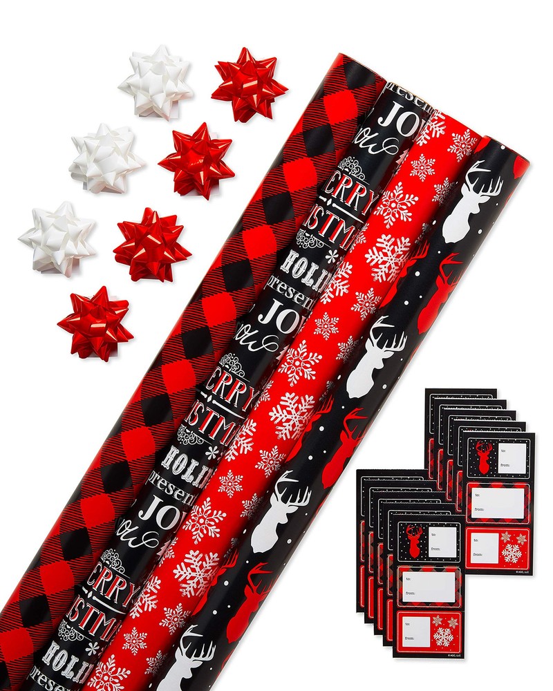American Greetings 120 sq. ft. Red and Black Christmas Wrapping Paper Set wit...