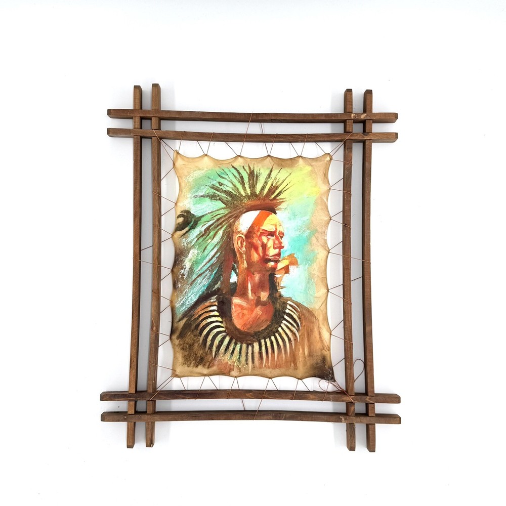 Native American Portrait Framed Leather Oil Painting Wall Art Decor  
