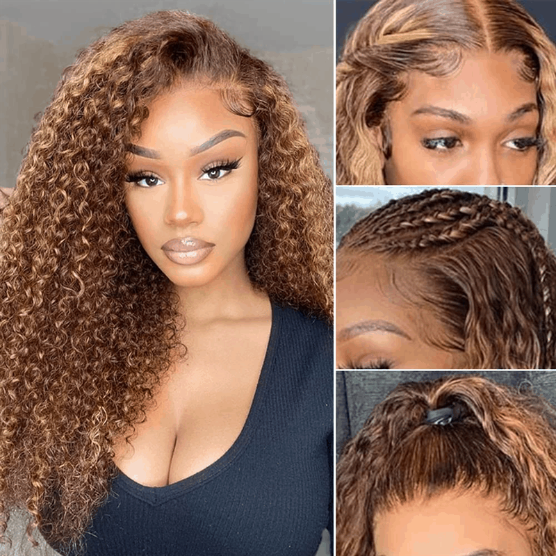 Honey Blonde Water Wave 13x4 Lace Front Wig with #4/27 Piano Brown Highlights