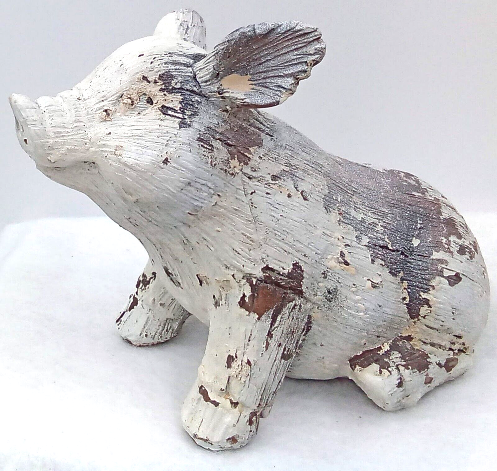 Sitting Pig Figurine Resin White Weathered Distressed Rustic Snout Farm Animals