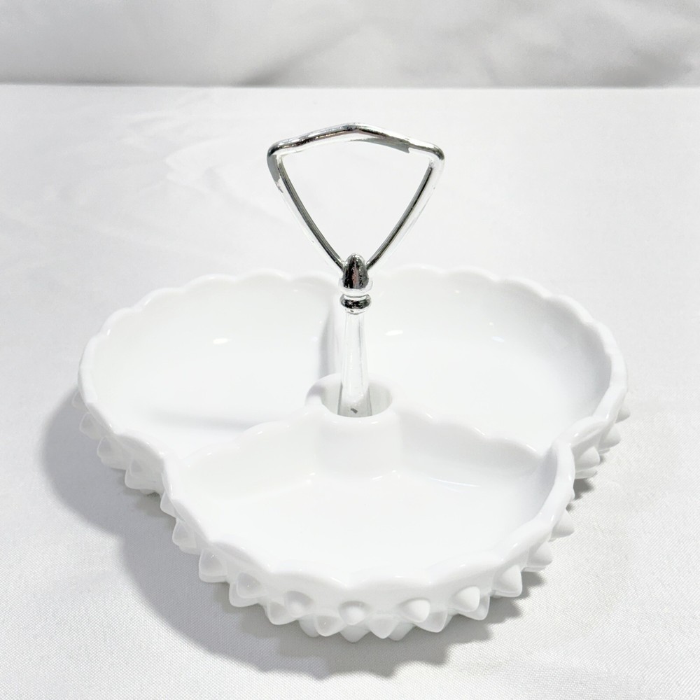 Vintage Fenton Hobnail White Milk Glass Divided Relish Dish