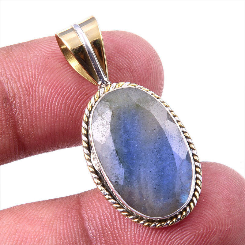 Natural Labradorite 925 Sterling Silver Two-Tone Pendant 1.5 Inch Jewelry  