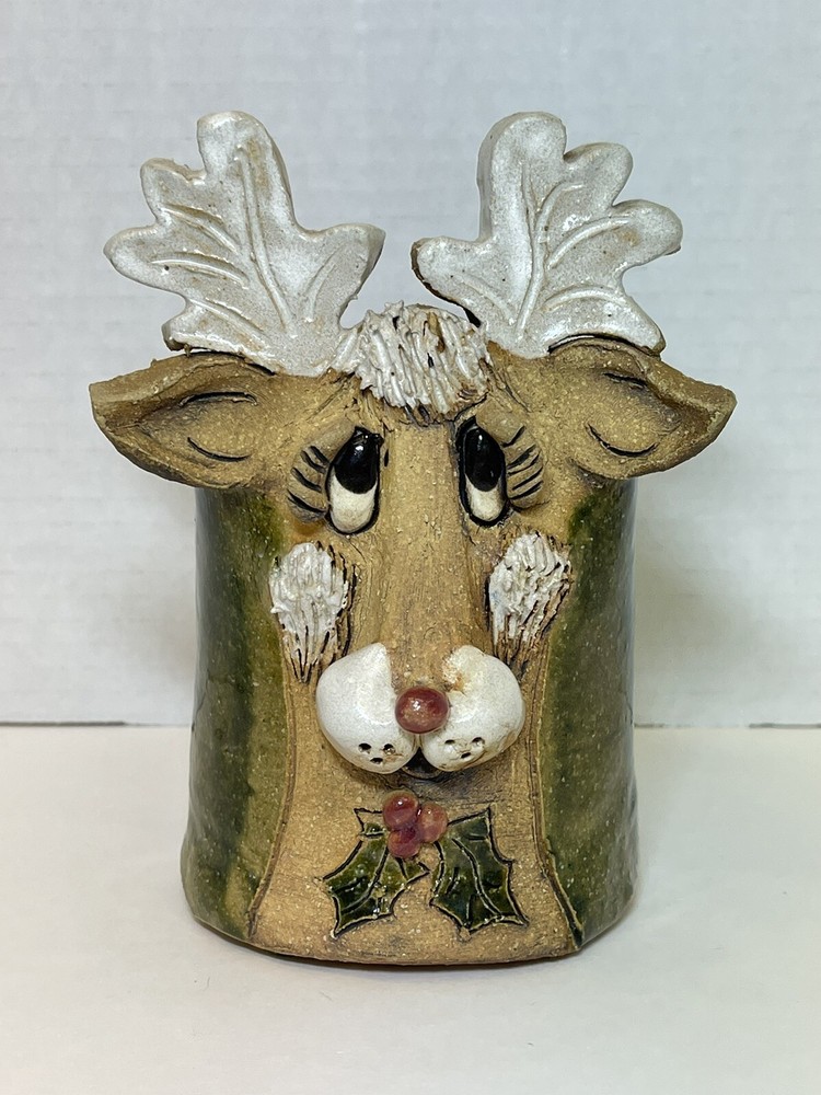 Vintage Hindt Clay Pottery Deer Reindeer Art Signed For Candle Holiday Christmas