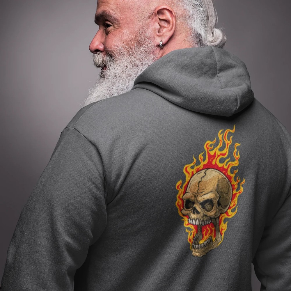 Mens Full Zip Hoodie Streetwear Back Print Flaming Skull Graphic Fleece