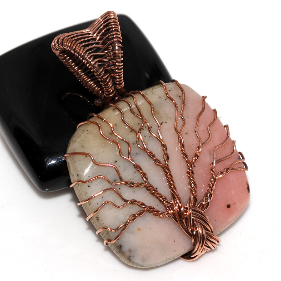 Peruvian Pink Opal Tree Of Life Copper Wire-Wrapped Pendant Size 1.6