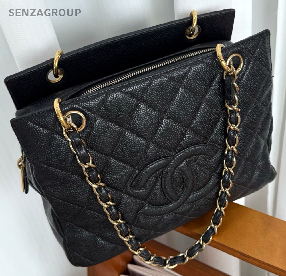 CHANEL PPT Caviar CC Chain Shoulder Handbag Black Gold Women tote
