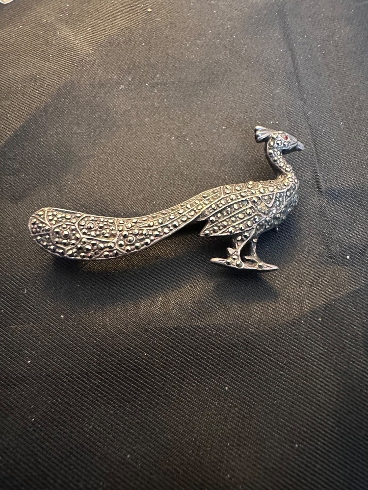 Vintage Sterling Silver 925 Marcasite Peacock Brooch Bird Pin 7.5g