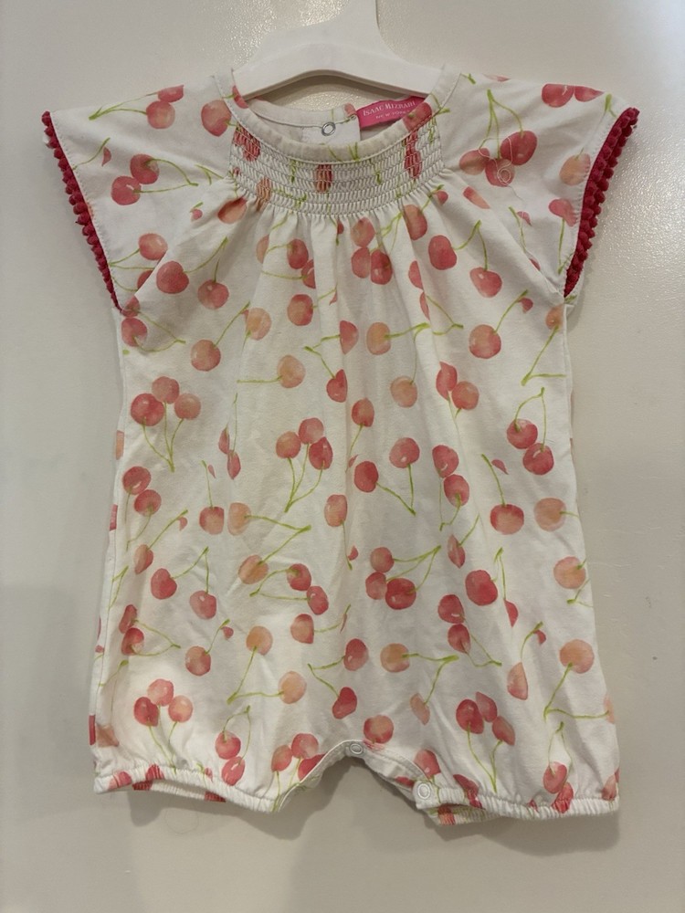 Isaac Mizrahi Baby Girls Cherry Print Shirred Neckline Cotton Romper White 18M