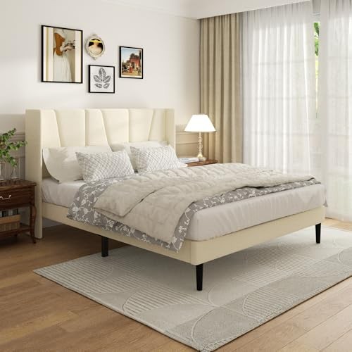 Bed Frame with Headboard and Wingback, Velvet Upholstered Platform Queen Beige
