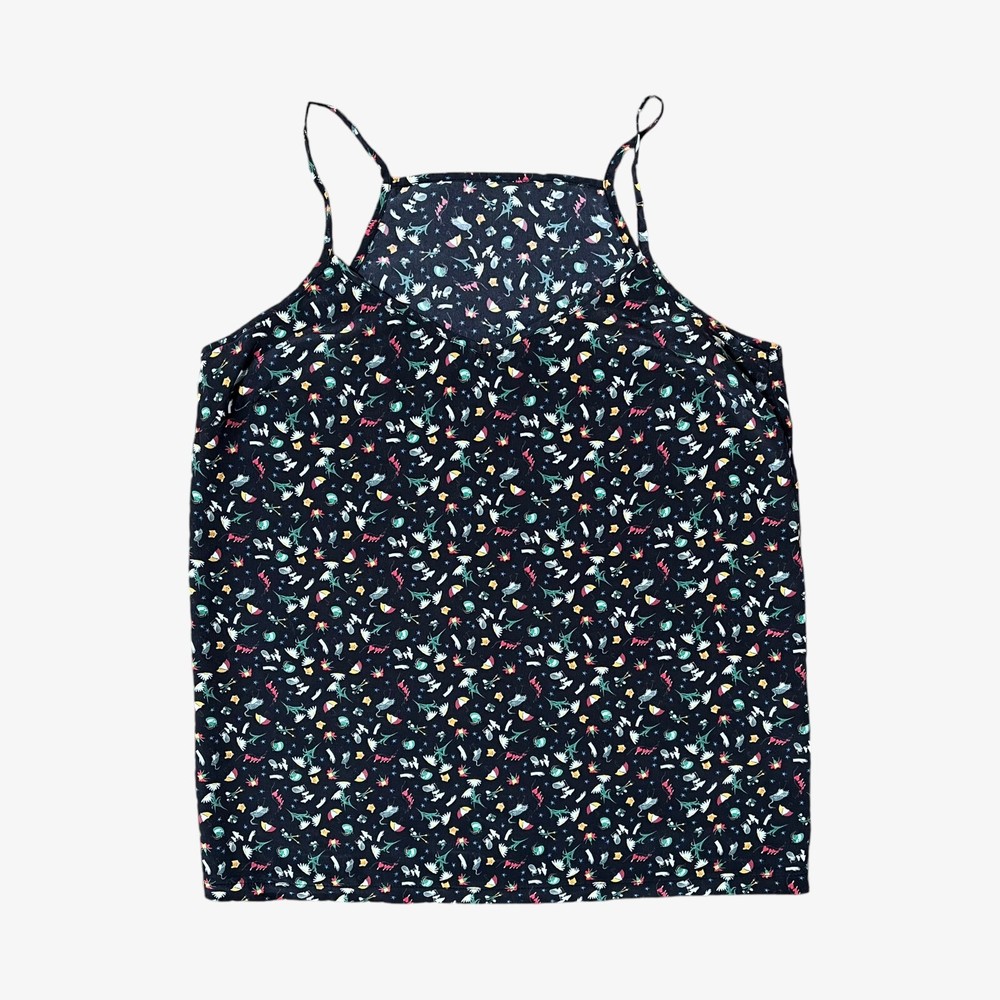 Vintage Y2K Black Silk Vest & Blouse with Floral Umbrella Geometric Print