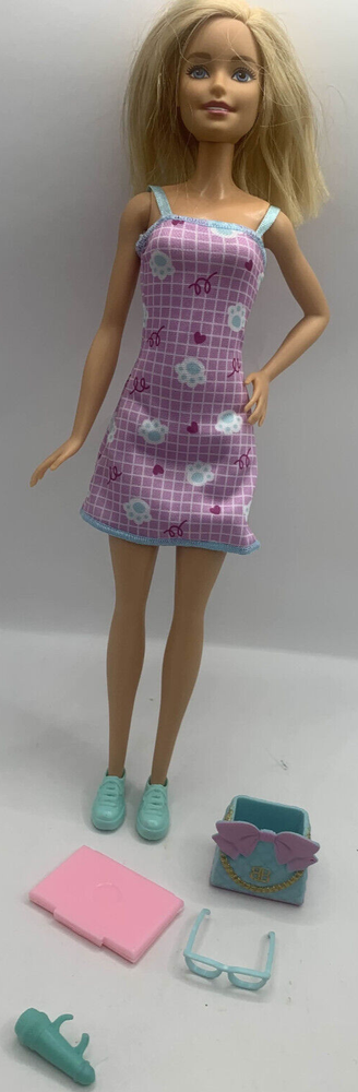 Modern Fashion Barbie Doll with Blonde Hair Casual Paw Print Dress & Laptop