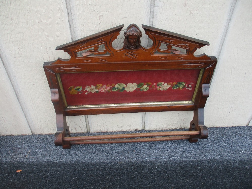63846   Antique Victorian  Figural Towel Rack W/ Needlepoint