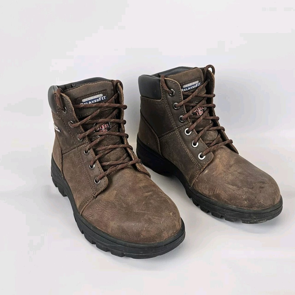 Skechers Womens 8 Brown Leather Steel Toe Work Boots Lace up Relaxed Fit