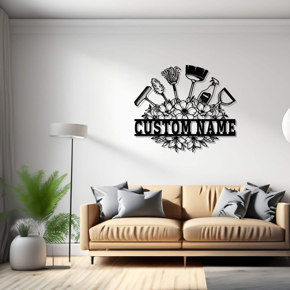 Custom Cleaning Tool Frame Metal Wall Art Personalized Cleaner Name Sign Decorat