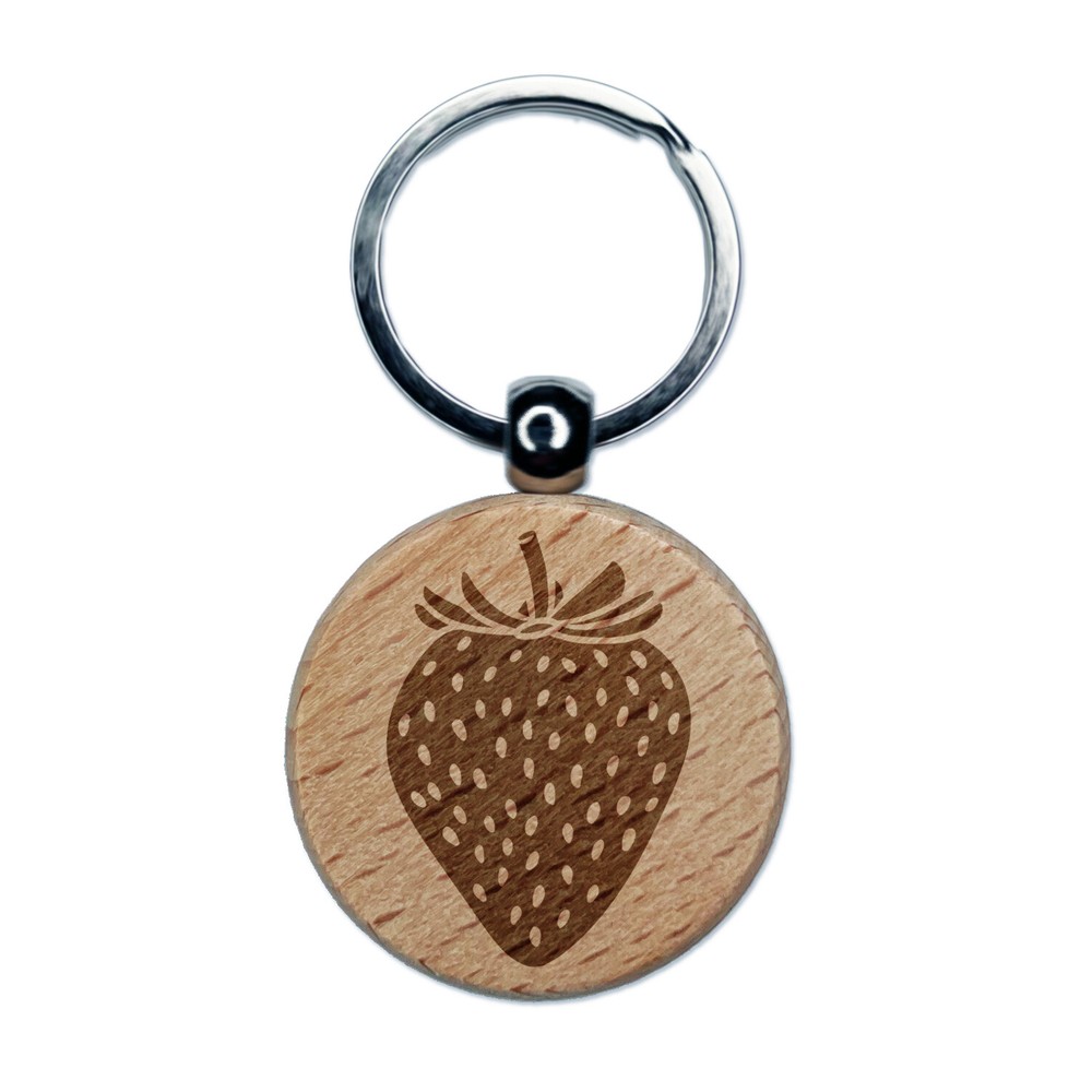 Strawberry Fruit Drawing Engraved Wood Round Keychain Tag Charm