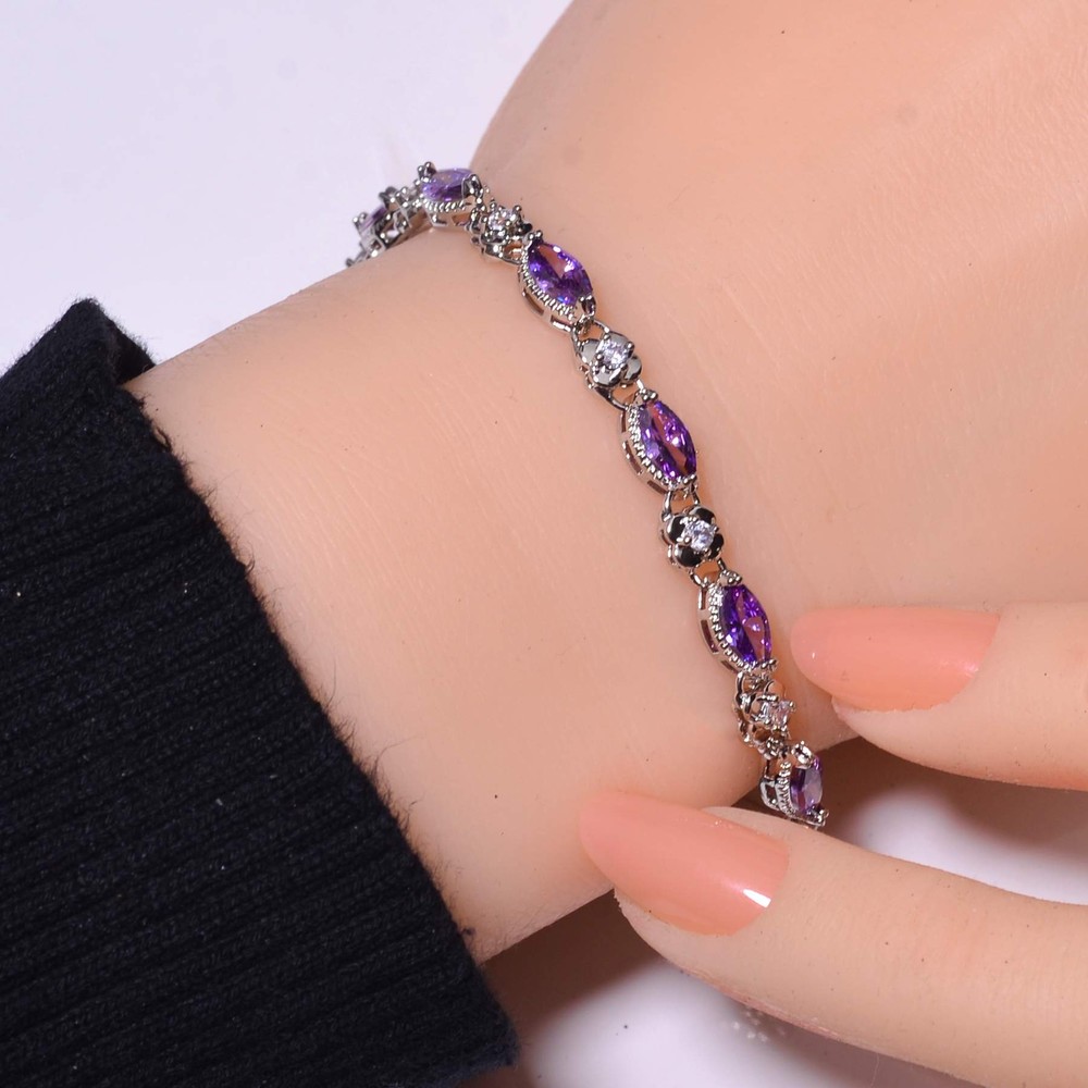Purple Amethyst & Cubic Zirconia 925 Sterling Silver Tennis Bracelet 7.99