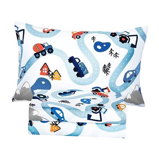 Sheets Set Kids(Car Trace, Blue), 3 Pieces Easy Fit Twin Car - Blue Car Trace