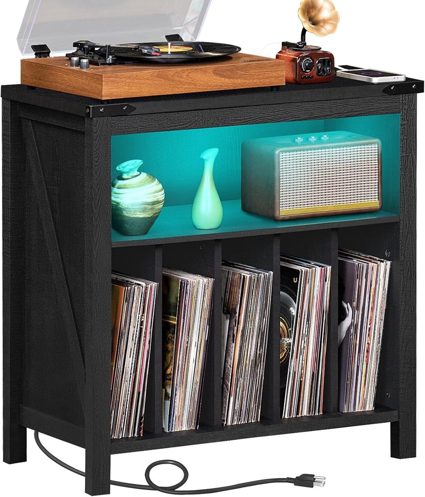 Vintage Record Player Stand with USB Charging LED Lights Holds 230 Vinyl Albums
