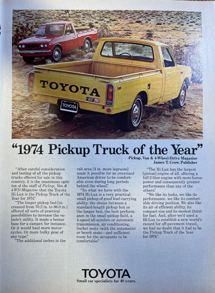1974 Vintage Magazine Advertisement Toyota Pickup Trucks