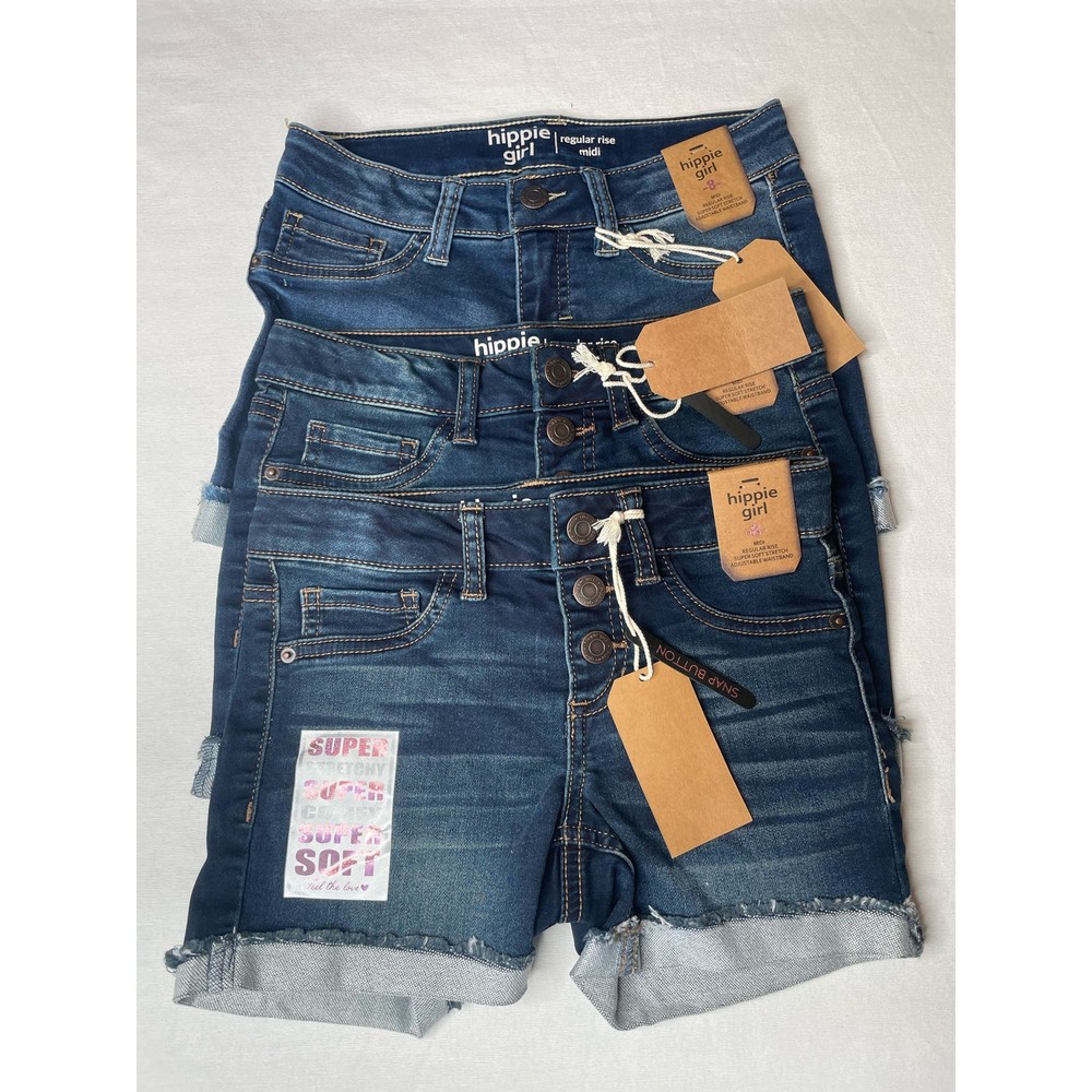 NWT Hippie Girl Snap Button Denim Shorts Midi Regular Rise Size 8 Set Of 3