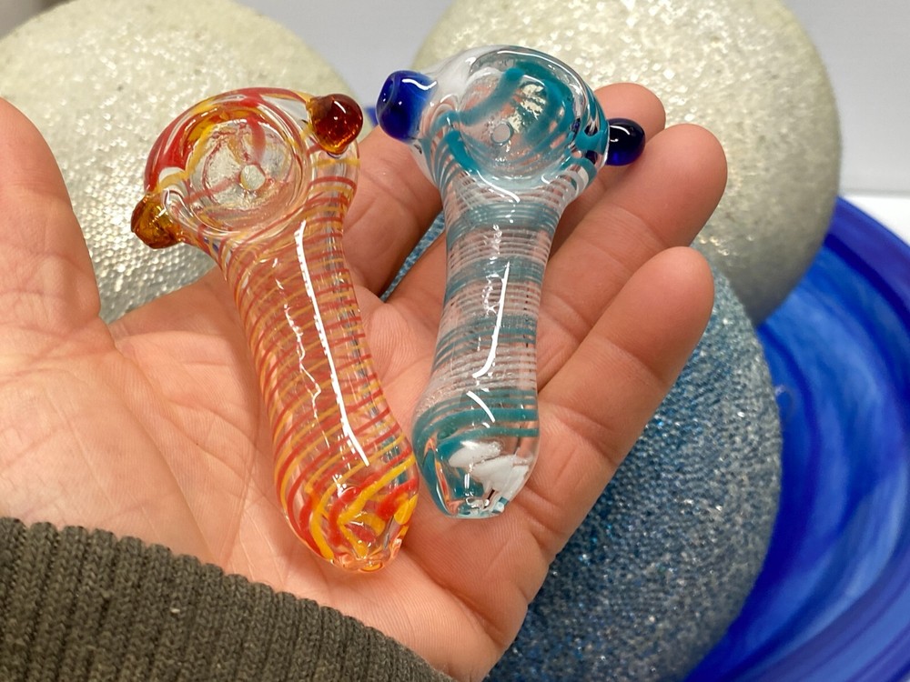 Lot of 2 Collectible Mini 3-inch Tobacco Hand Pipes in Strong Glass