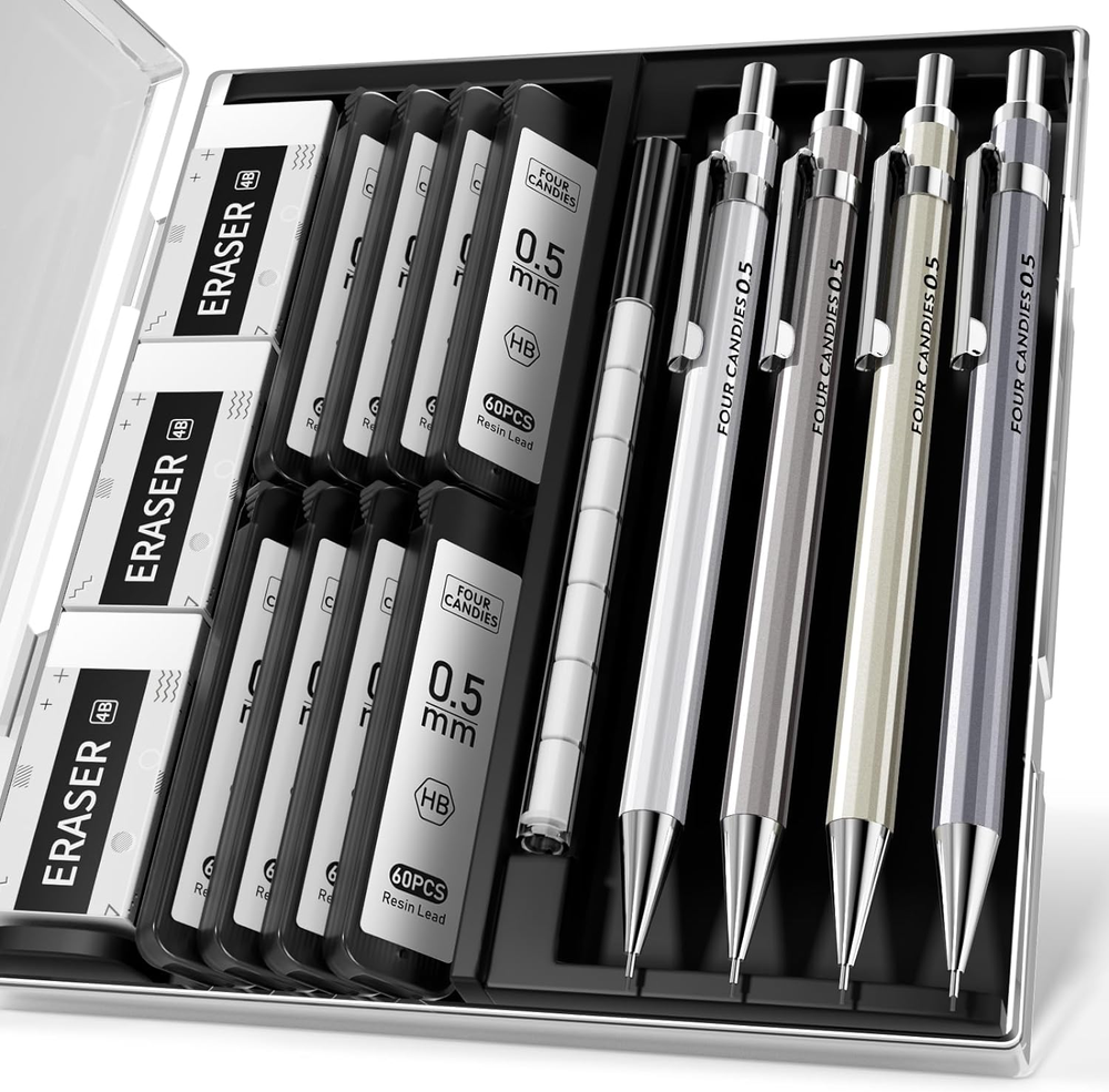 0.5Mm Mechanical Pencil Set with Case - 4PCS Metal Mechanical Pencils 8 Tubes..
