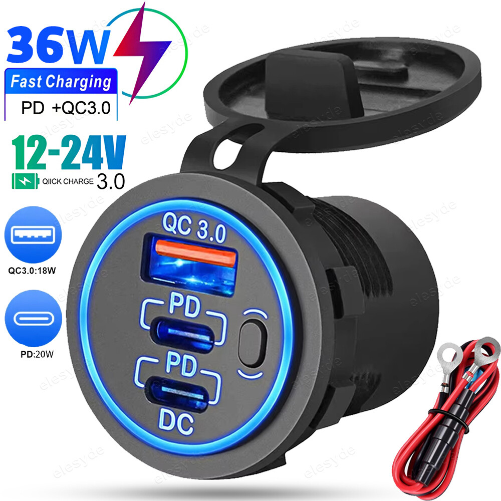 12V-24V Fast Car Charger QC3.0 PD36W USB C Outlet for Boat RV Marine  