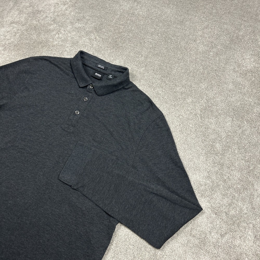 Hugo Boss Polo Shirt Mens Large Regular Gray Long Sleeve Cotton Casual Pique