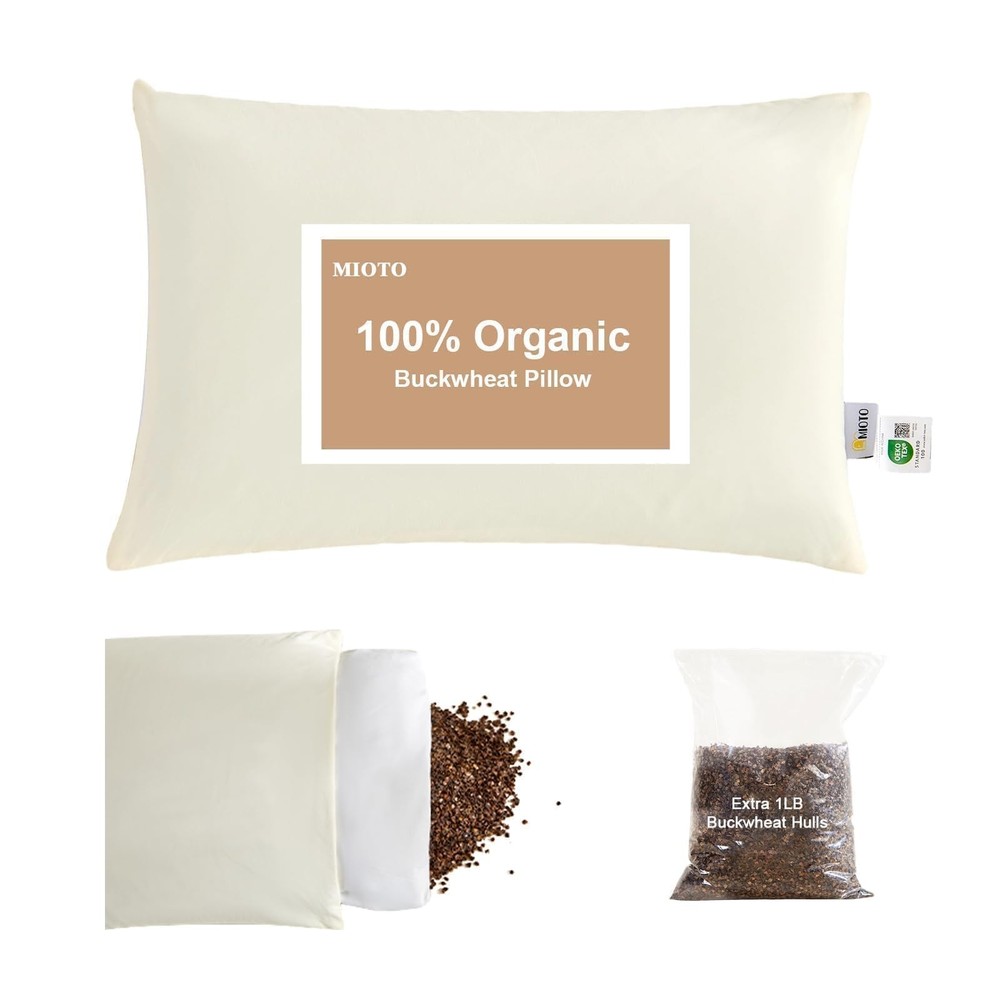 Organic Buckwheat Pillow for Sleeping with Dual-Layer Pillowcase and Extra Ta...