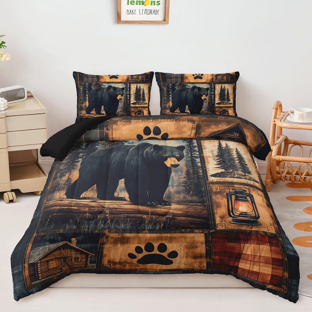 Black Bear Comforter Set Full Size,Rustic Bear Bedding Set for Boys Girls,3-P...