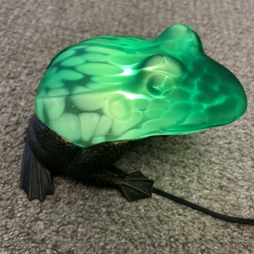 Vintage 1996 C. SADEK Green Glass and Brass Electric Frog Lamp Nightlight Works