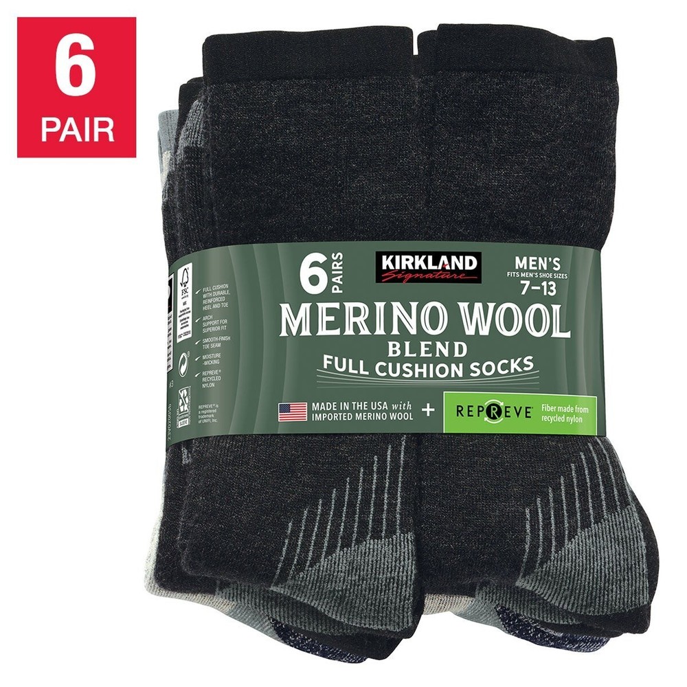 Kirkland Signature Men's Merino Wool Blend Sock, 6-pair Made in the USA
