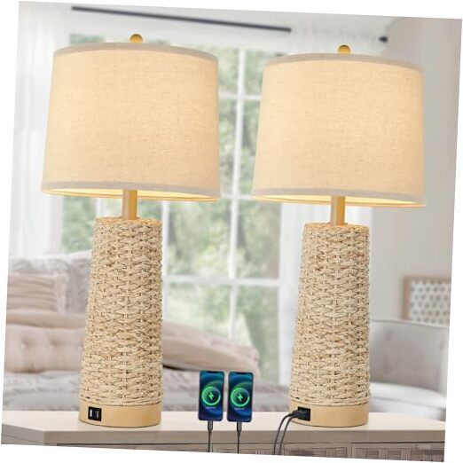 Rattan Table Lamp Set of 2, 27 inch Large Wicker Table Seagrass Plain White