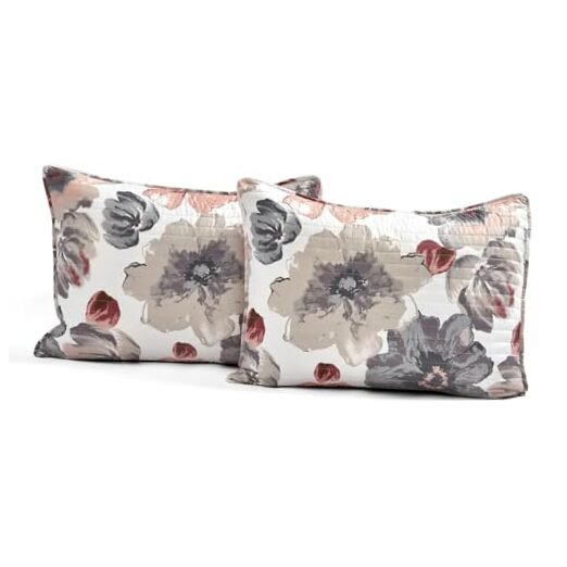 Leah Reversible Floral Quilt Set, 3 Piece Set, King, Coral & Gray - Charming