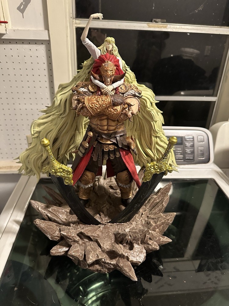 Anime Fantasy Warrior Resin Statue with Swords, Flowing Hair, Red Cape