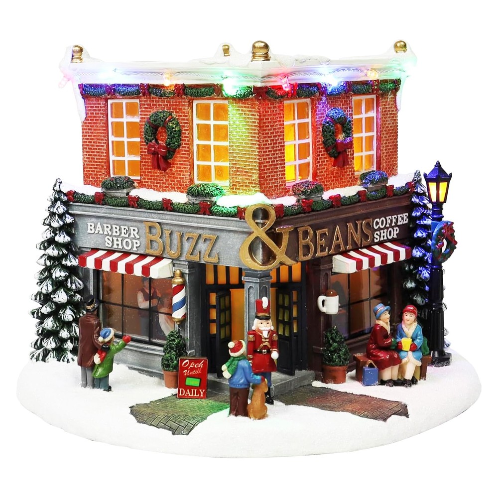 7.9”H Polyresin Christmas Village LED & Musical Barber Shop & Coffee Shop for...