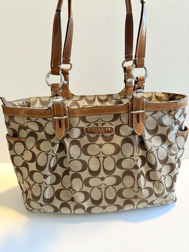 COACH Beige Caramel Canvas Leather Tote Bag F15146 Shoulder EUC