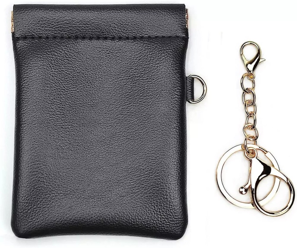 Leather Slim Coin Purse with Keychain Small Change Holder Wallet Pouch