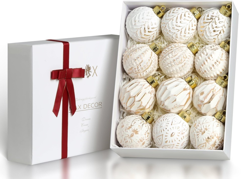 White and Gold Vintage Rustic Christmas Ball Ornaments 3.15 Inch Set